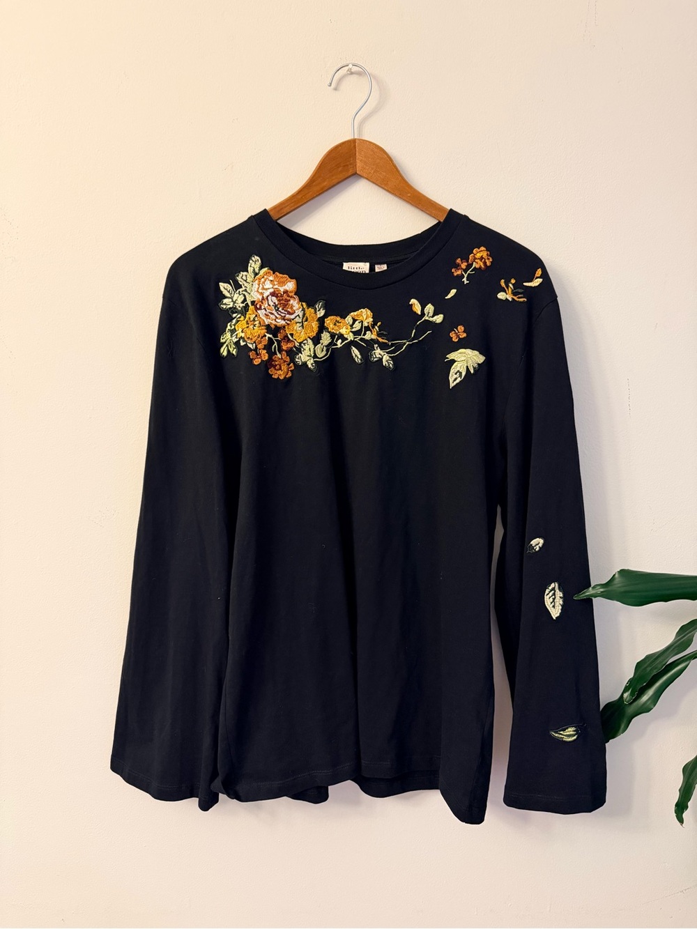 Aritzia/Little Moon Black Long-Sleeve Top with Floral Embroidery
